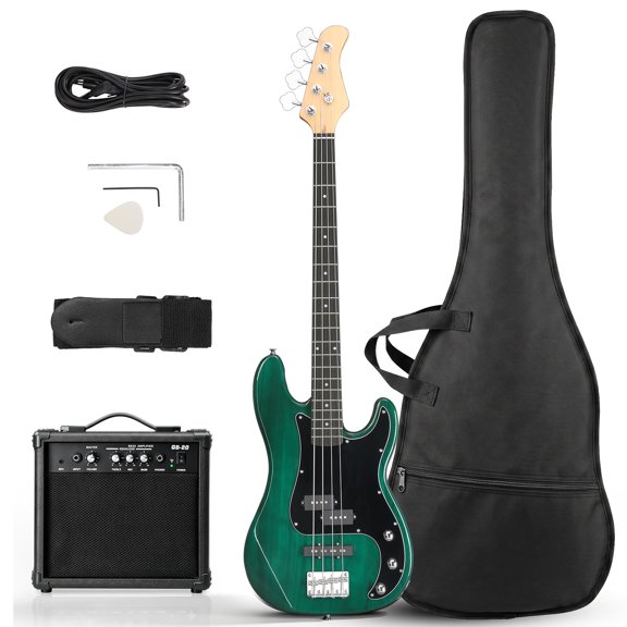 Ktaxon 46in 4 String Electric Bass with 20W Amp, Dual Open Top, S-Pickup, for Beginners & Musicians, Transparent Green