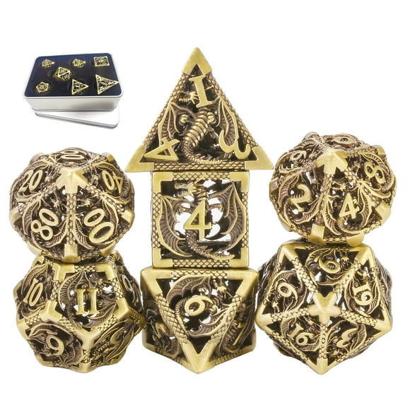 Juego de dados de metal Dnd Juego de dados de dragón poliédrico hueco Juego de dados de juego de rol de dragones y mazmorras 7Cps con caja de metal de regalo Adecuado para tarjetas de juegos de mesa D