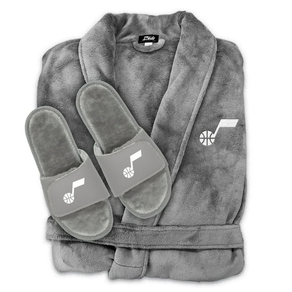 Unisex ISlide  Gray Utah Jazz Faux Fur Slide Sandals & Robe Bundle