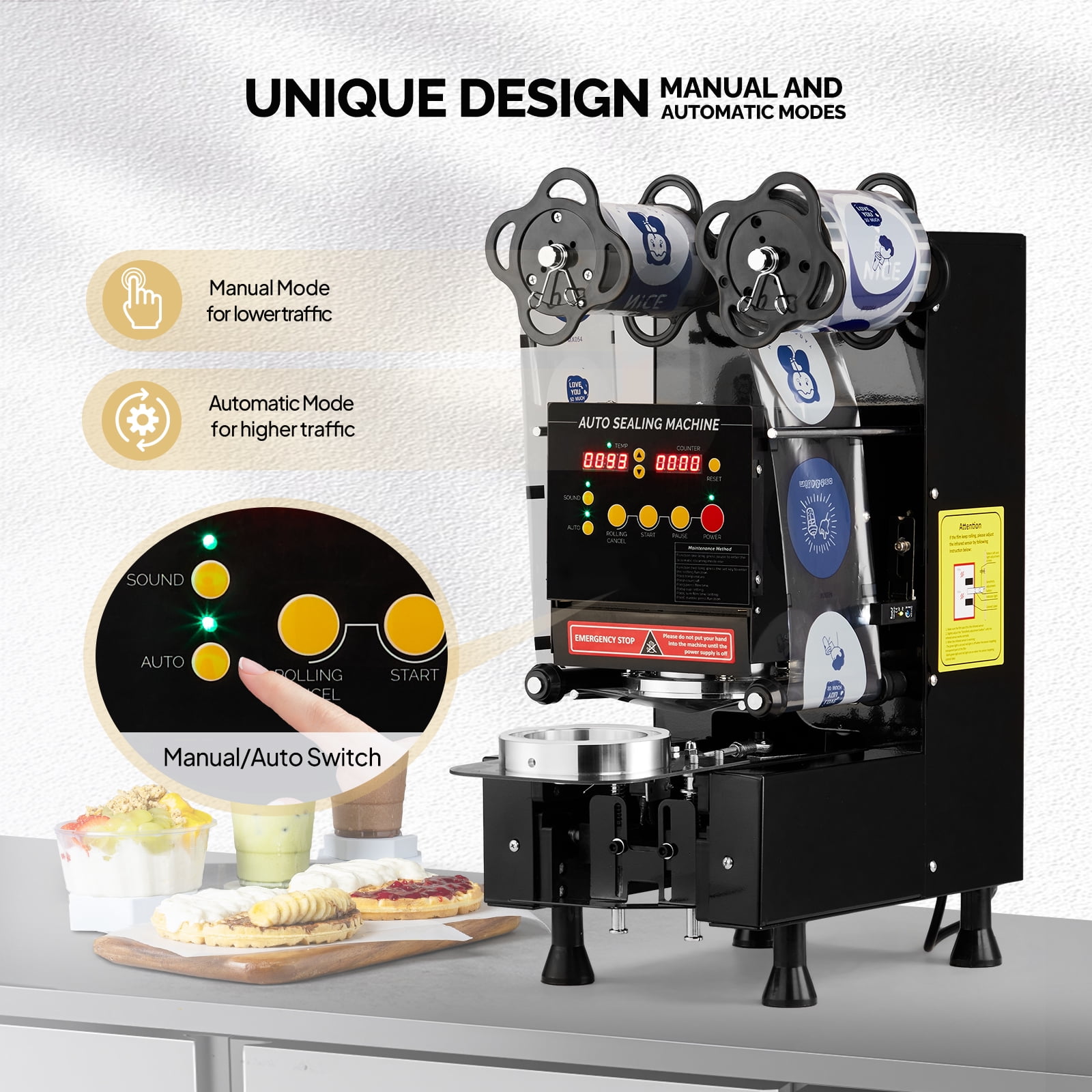 Cup Sealing Machine, Full Automatic Cup Sealer Machine 88/89/90/95mm, Electric Boba Cup Sealing Machine 500-600 Cups/H with LCD Control Panel for Bubble Milk Tea