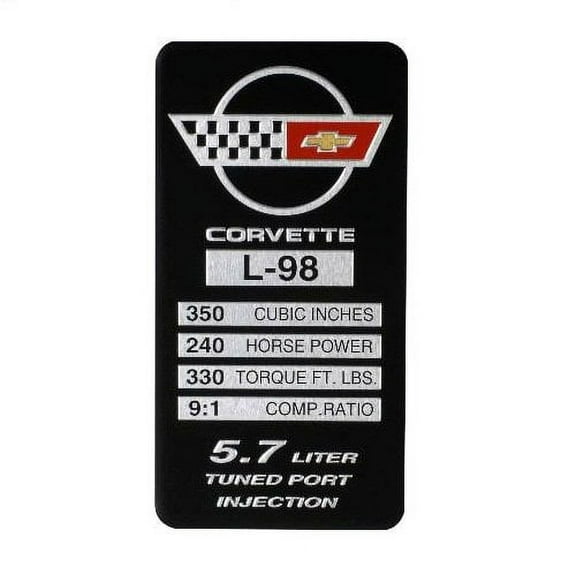 C4 Corvette 1988-1989 L98, 240 HP, 335 TQ Engine ID Spec Metal Data Plate Emblem