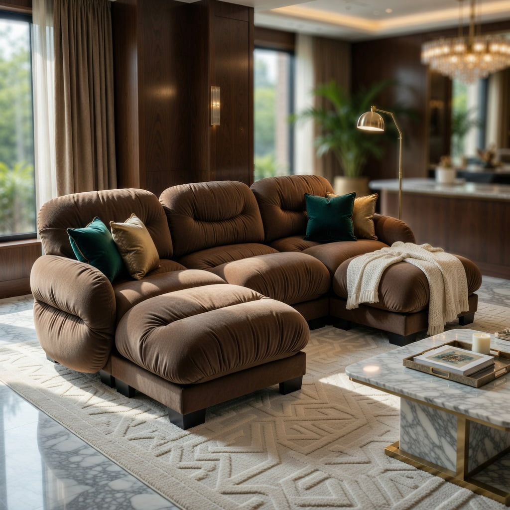 Hommoo Chenille U-Shape Modular Sectional Sofa with Pleated Back, Ergonomic High-Density Foam Cushions, 3-Seater + 2 Ottomans + 2 Round Throw Pillows, Brown