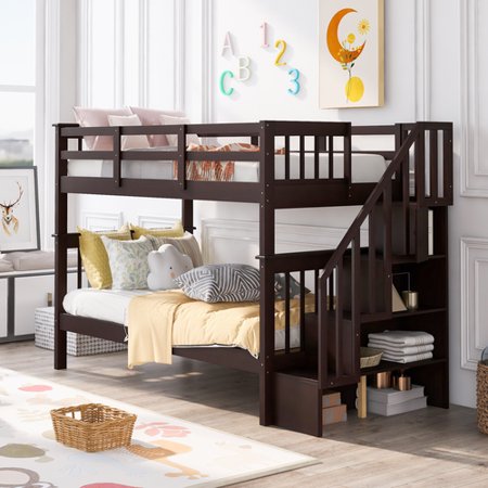 Stairway Twin-Over-Twin Bunk Bed with Storage and Guard Rail for Bedroom  Dorm-Espresso