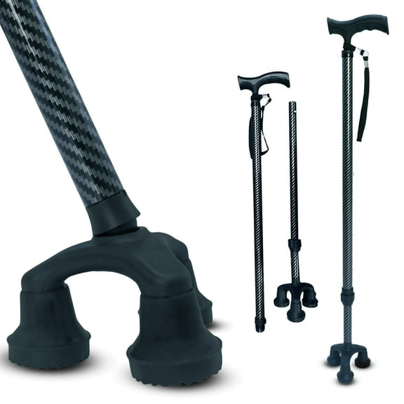 Dr. Aid Tripod Walking Cane for Men & Women Premium Carbon Fiber Black Cane Foldable & Adjustable Heavy-Duty 3-pronged Walking Stick for Seniors, Supports 400 lbs, (32 Inch)
