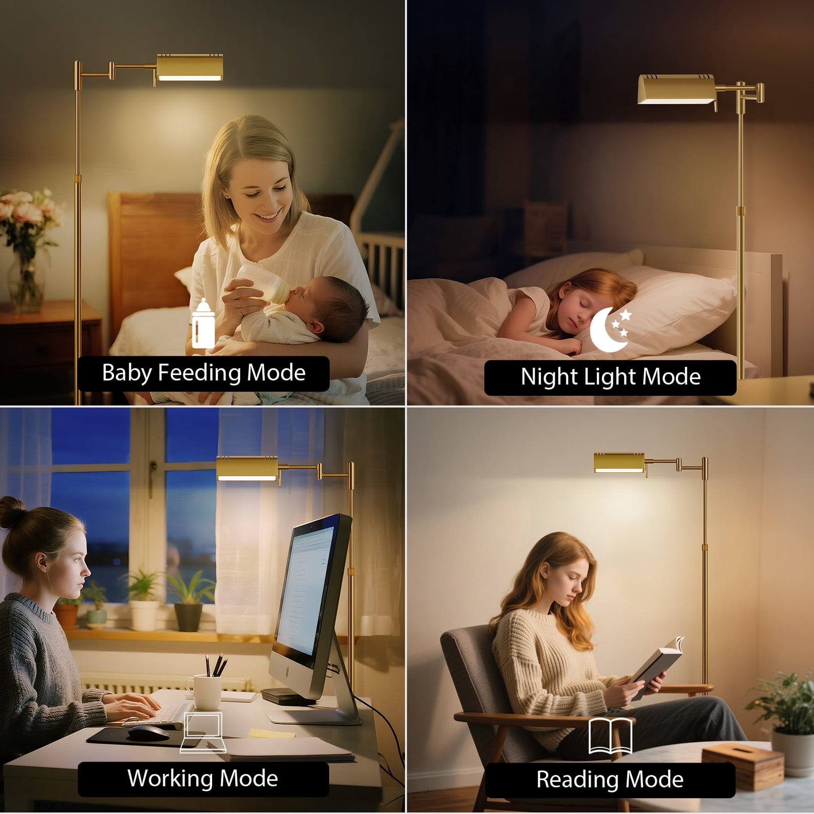 SUNMORY Floor Lamp, Pharmacy Swing Arm Floor Lamps for Living Room, 57" Tall Adjustable with Remote & Touch Control, 3 Color 16W Reading Lamps for Bedroom, Gold Standing Lamp for Reading Office