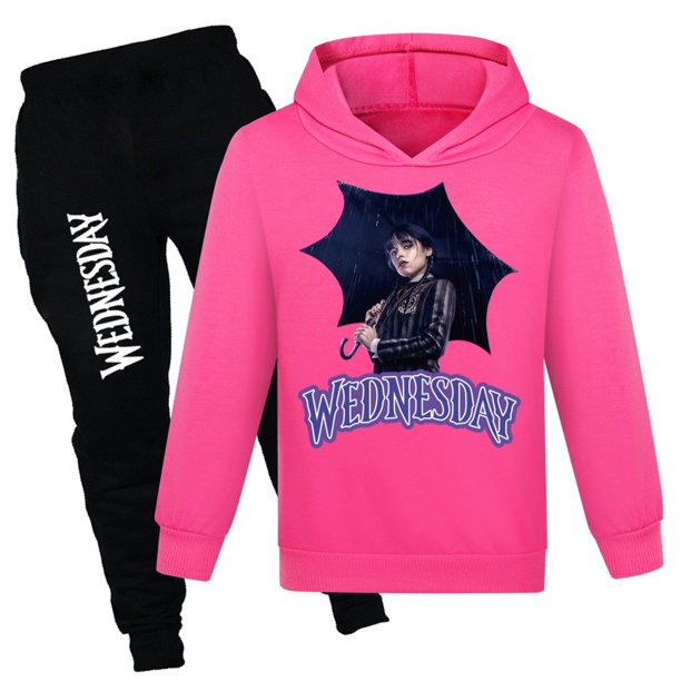 Moonsky Girl/boy Fashion Casual Long Sleeve Wednesday Printed Hooded Sweatshirt Pants Set Hoodies New Logo Fashion Cool Hoodie Men Women Sweatshirts(170#Hot Pink)