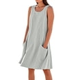 thumbnail image 1 of Vestido sin mangas estampado de lino para mujer: largo hasta la rodilla, estampado floral, bolsillos, ropa de verano para la playa., 1 of 7