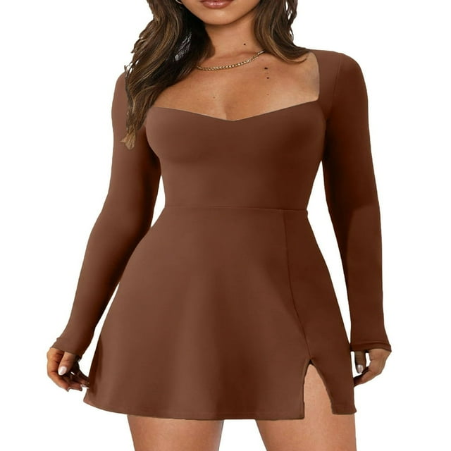 Robe d'Été Femme A-Line Manches Longues à Col Carré Mini-Robe