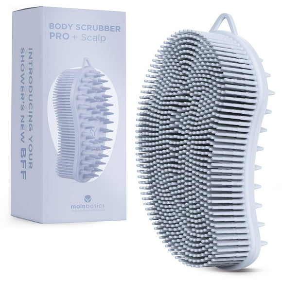 MainBasics Exfoliante de silicona para el cuerpo, exfoliante de ducha 2 en 1 para el cuerpo, lufa de silicona y masajeador del cuero cabelludo (cuerpo azul claro + cuero cabelludo)