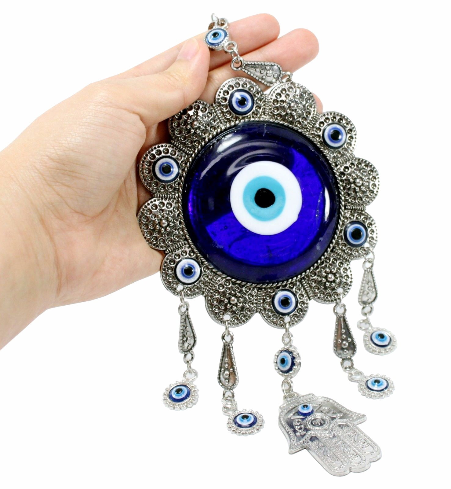 Turkish Blue Evil Eyes Large Flower Hamsa Hand Amulet Charm Wall Hanging Decor. KT00100