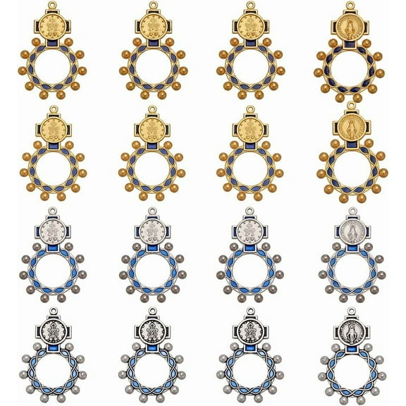 16 Pcs Finger Rosary Ring Catholic for Baptism 4 Colors Tibetan Style Alloy Pendants Round with Pattern for Prayer Gifts and Religious Jewelry for Catholics and Christians DIY Making