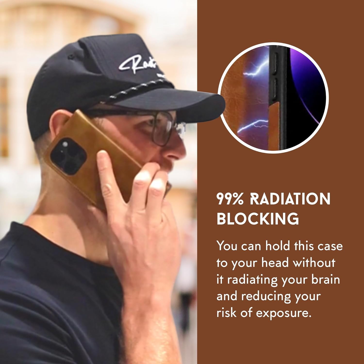 RadEnergy Leather Case with EMF Protection for iPhone 15 Pro with Card Holder & Stand, Brown