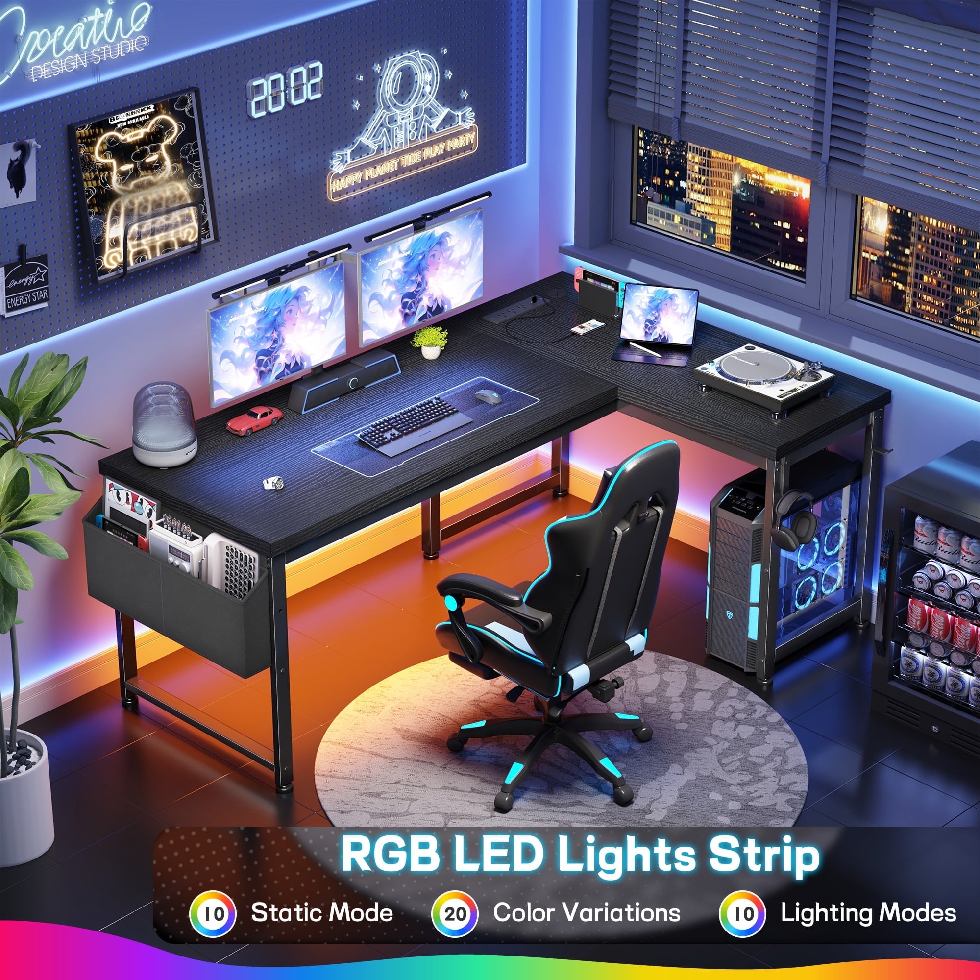 EnHomee Gaming Desk with Storage Computer Desk with LED Lights Reversible Office Desk with Storage Organizer, Black