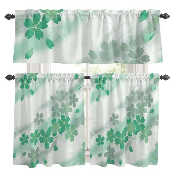 Teal Green Cherry Blossoms Kitchen Curtains and Valances Set, Abstract Ombre Floral Petals 3 Piece Curtains Valances and Tiers Set Rod Pocket for Kitchen Bathroom Windows 36 Inch
