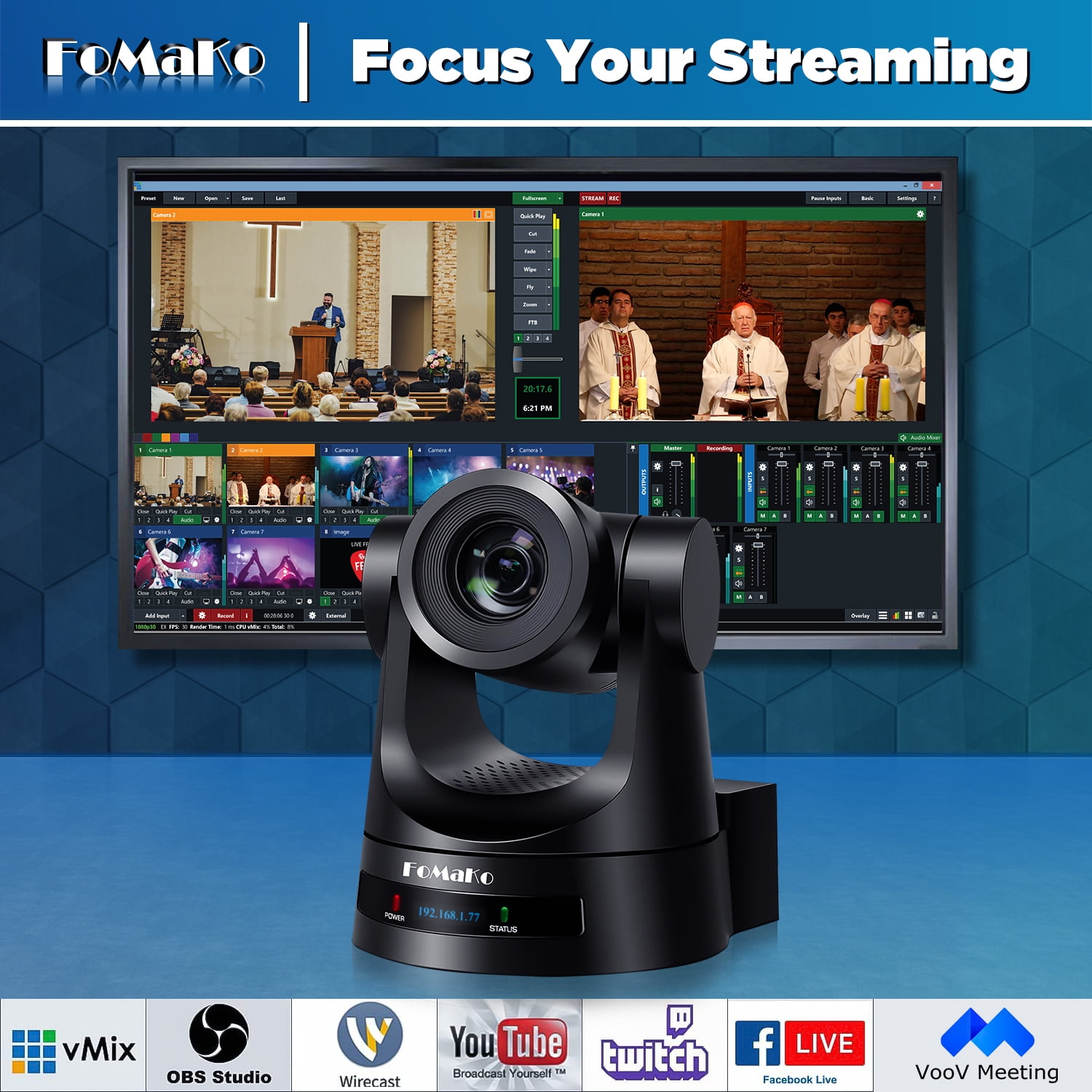 FoMaKo 20x ptz camera(3pcs)+ptz camera controller(1pc)+4k input video switcher Bundle black(BH202+KC602)