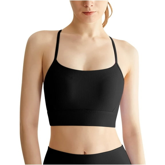 USNSM Women's Ribbed Sports Bra with Spaghetti Straps Cutout Back Corset Bra Wireless Gathered Cup Bra Black XL