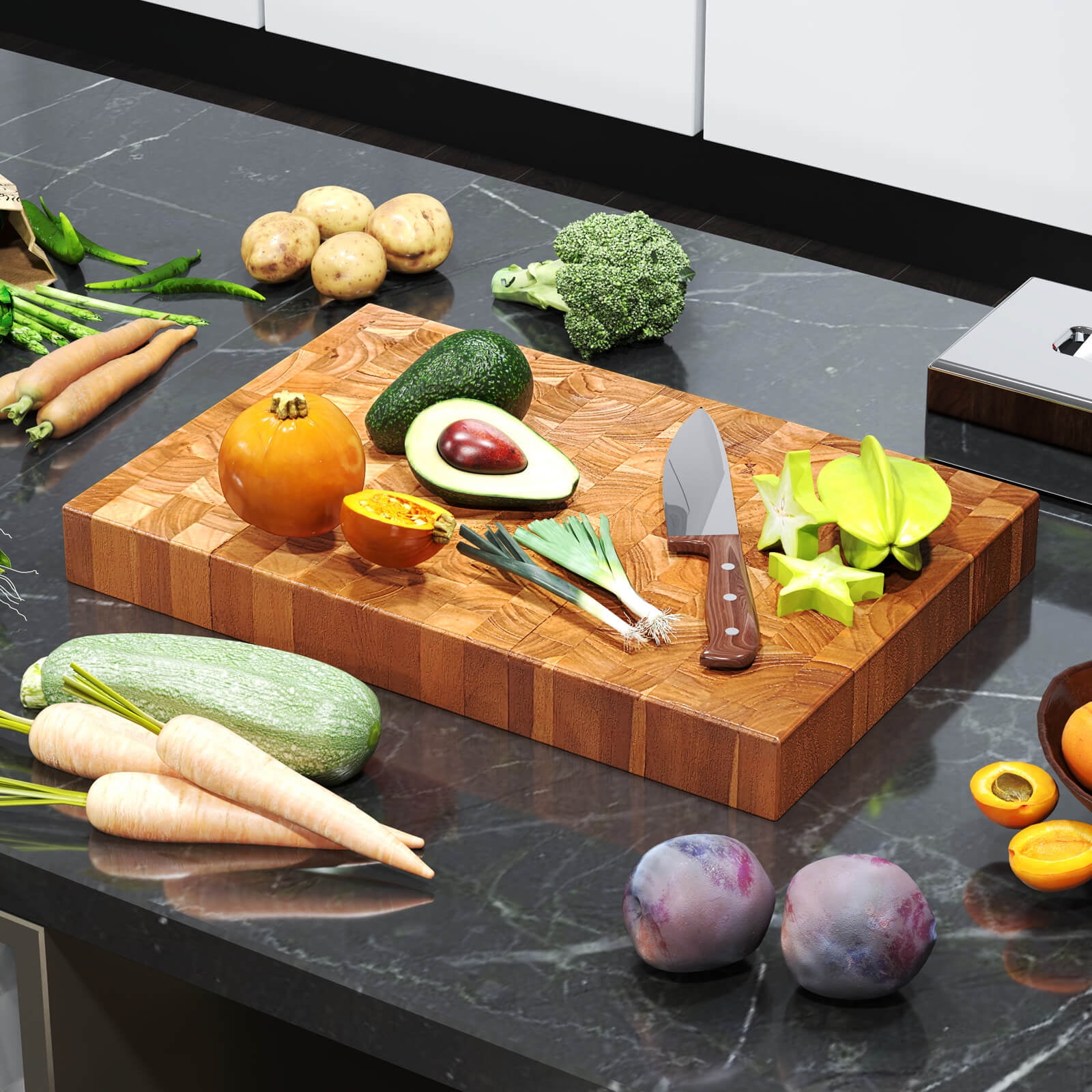 Costway End Grain Cutting Board 18" Teak Wood Chopping Block with Hand Grip