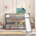thumbnail image 2 of Harper & Bright Designs Twin Over Twin Low Bunk Bed with Slide Fence and Ladder, Multifunctional Wooden Floor Bunk Bed Frame with Small Door for Bedroom, Grey, 2 of 12