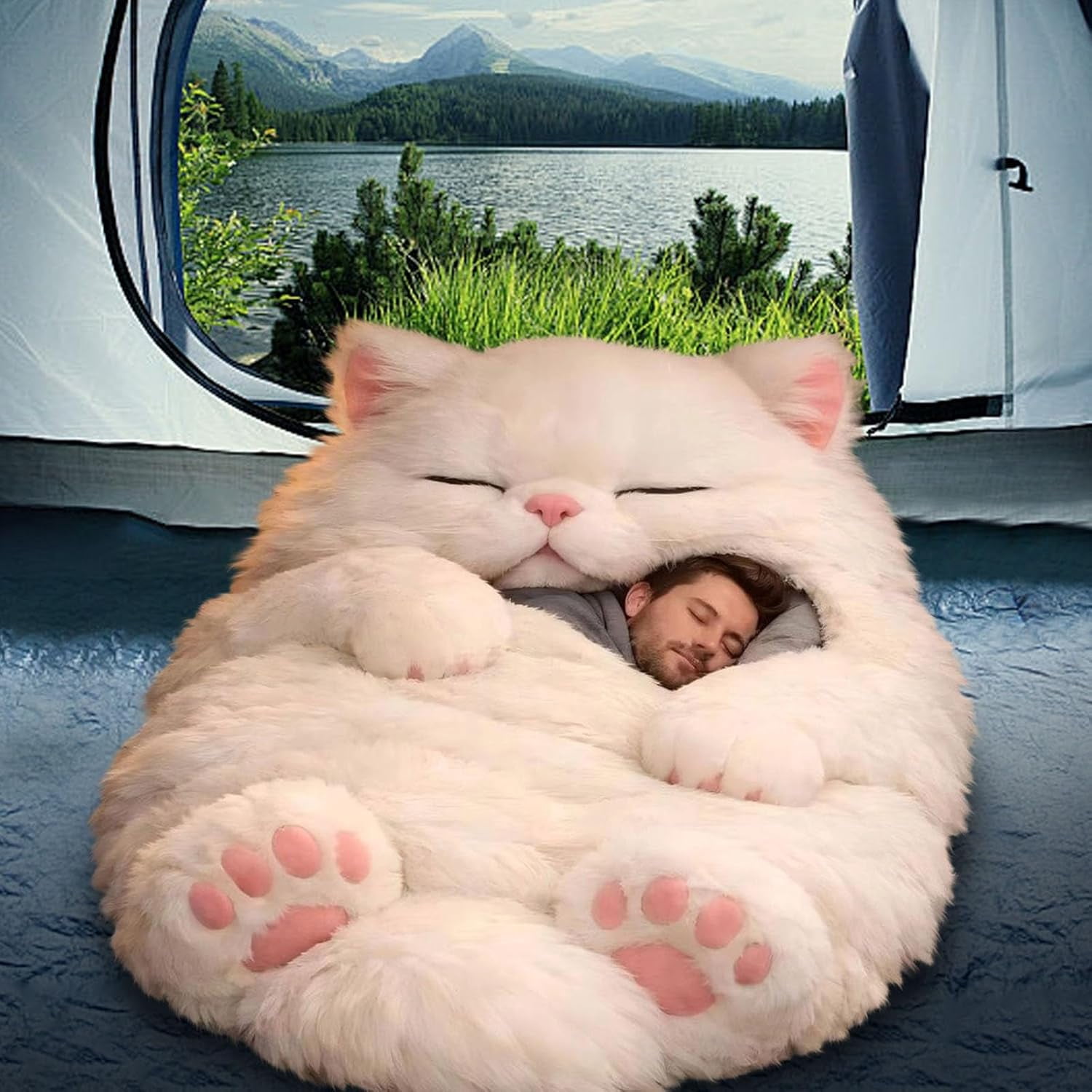 Fluffy Cat Sleeping Bag for Adults,Plush Cat Shaped Sleeping Bag for Adults,Adorable Cats Envelope Sleeping Bags,Washable Warm Blanket for Camping and Home Lounging,68.9x31.5 Inch,C