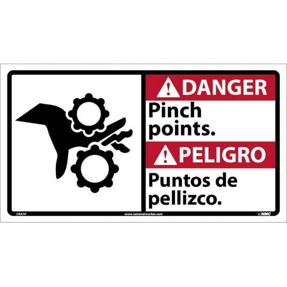 NMC Signs Dba9P, Danger Pinch Points Sign - Bilingual, 10 X 18, Pressure Sensitive Vinyl .0045