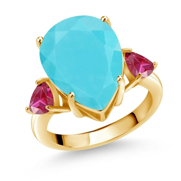 Gem Stone King 6.86 Ct Green Turquoise Red Created Ruby 18K Yellow Gold Plated Silver Ring (Size 7)
