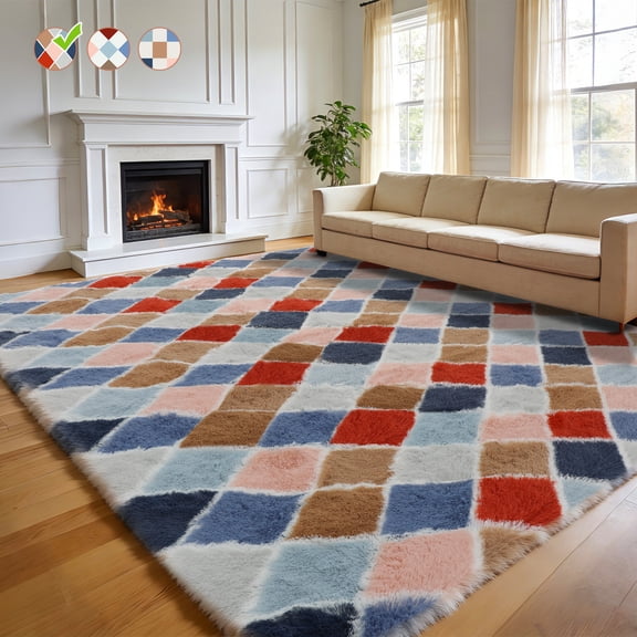 CozyDesg 4ftx6ft Area Rugs,Shag Fluffy Checkered Rugs for Living Room,Bedroom,Modern Room Decor Carpet, Non-Slip Floor Rug,ColorfulA