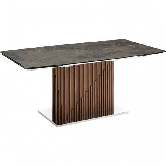 Talenticasa Moon Porcelain & Veneer Non-Extendable Frame Dining Table, Brown Marbled & Walnut