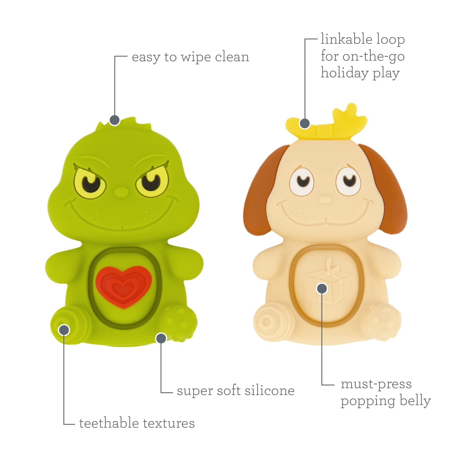 Infantino Teethimal Pop Pals Holiday Grinch & Max, Premium Silicone Teether Toys with Popping Bellies for Babies & Toddlers