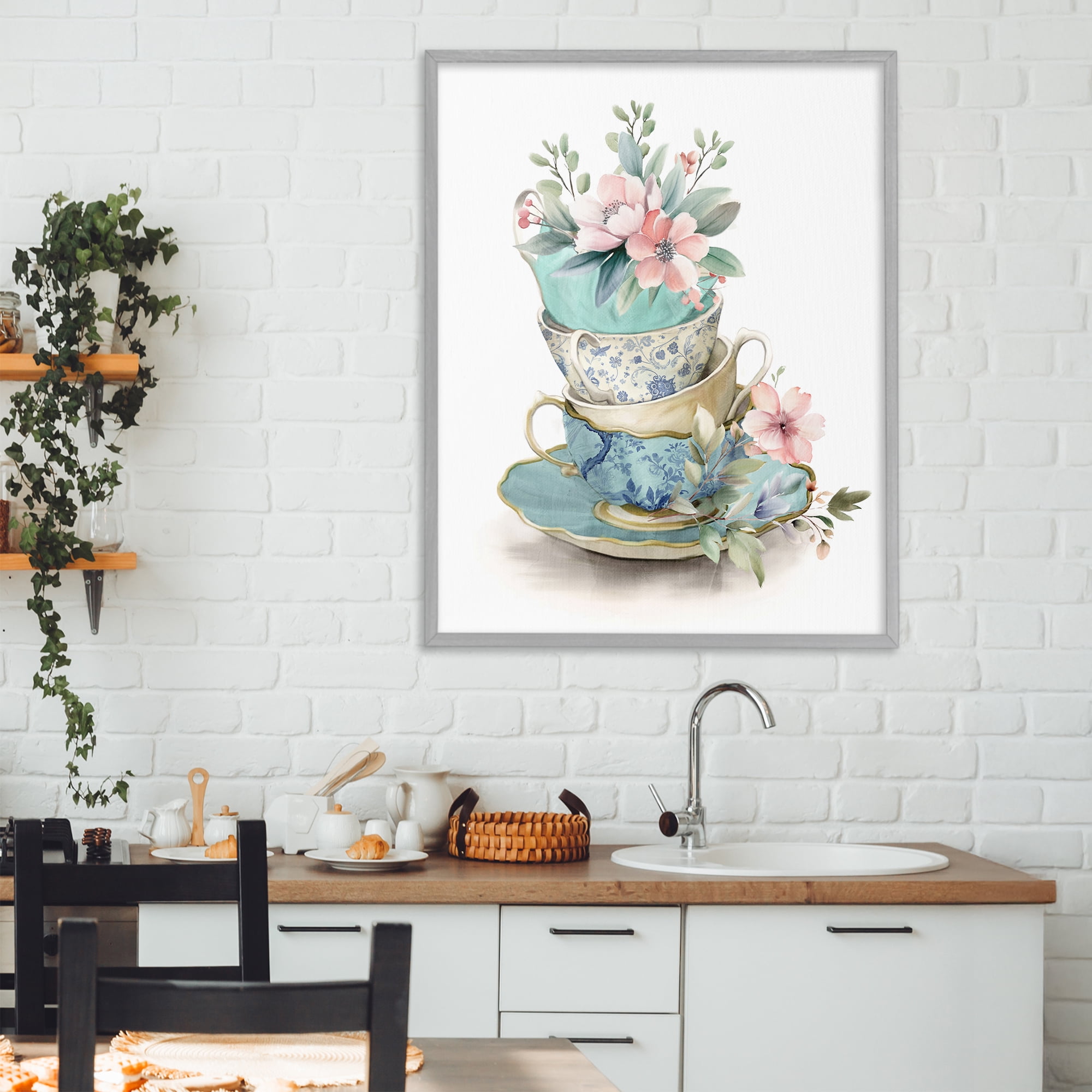 Stupell Industries Tea Cup Chinoiserie Blossoms Gray Framed Giclee Art, design by Kim Allen