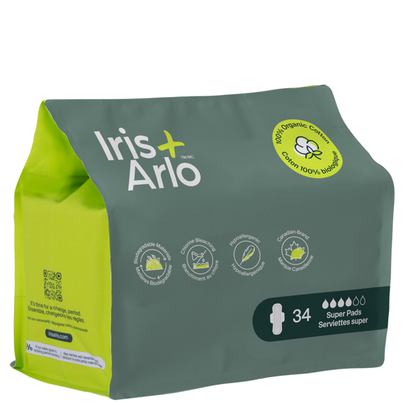 Iris + Arlo Organic Pads with Wings, Super, 100% Cotton, Chemical-Free, Non-toxic, No plastic | Resealable Bag (34 Count)
