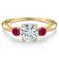 thumbnail image 3 of Gem Stone King 10K Yellow Gold White Moissanite and Red Created Ruby 3-Stone Ring for Women | 1.08 Cttw | Round 6MM | Gemstone Birthstone | Size 6, 3 of 6