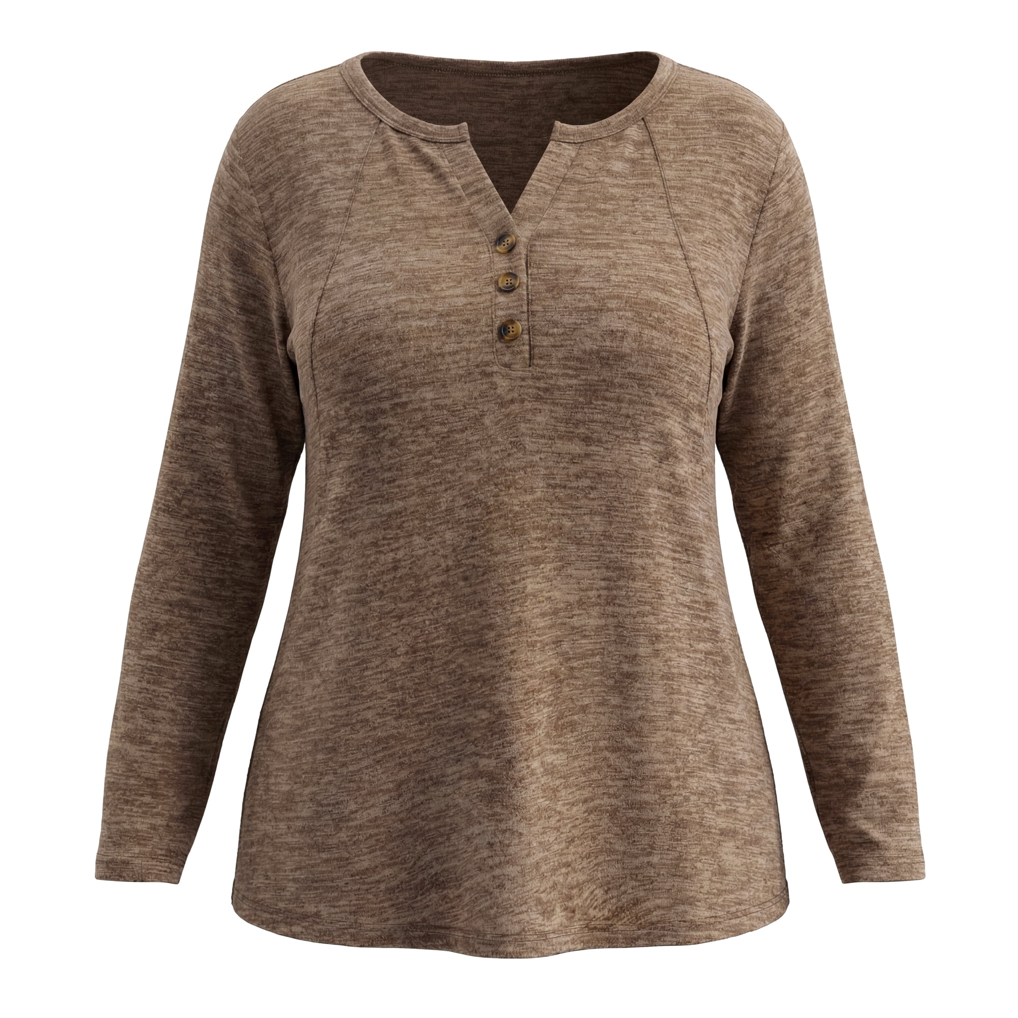 DARING DIVA Women's Plus Pocket Notch Neck Long Sleeve Blouses 3X Brown