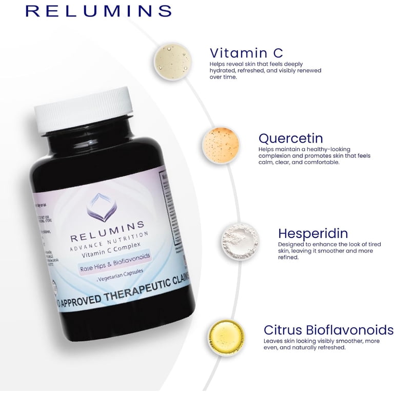 Relumins Advanced Vitamin C Supplement with Rose HIPS - 1000mg of Vitamin C  for New Year, New You Immune Support & Collagen Production, Made in USA -  60 Capsules (30-Day Supply)