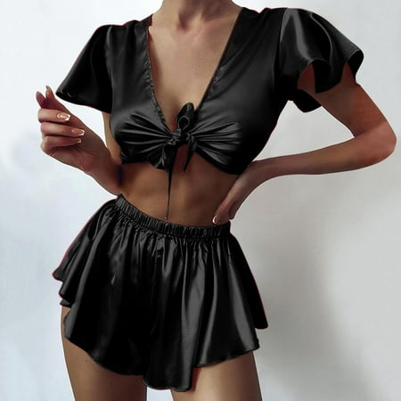 Levmjia Pajamas for Women Set Clearance Summer Plus Size Women Sexy-Lingerie Sleepwear Satin Silk Babydoll Lace Up Nightwear Pajamas Set