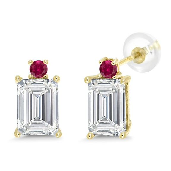 Gem Stone King 10K Yellow Gold IGI Certified Lab Grown Diamond and Red Created Ruby Earrings | 4.12 Cttw | Emerald Cut Diamonds Each 2 Ct | D-E Color | VS1-VS2 Clarity | Gold Earrings for Women