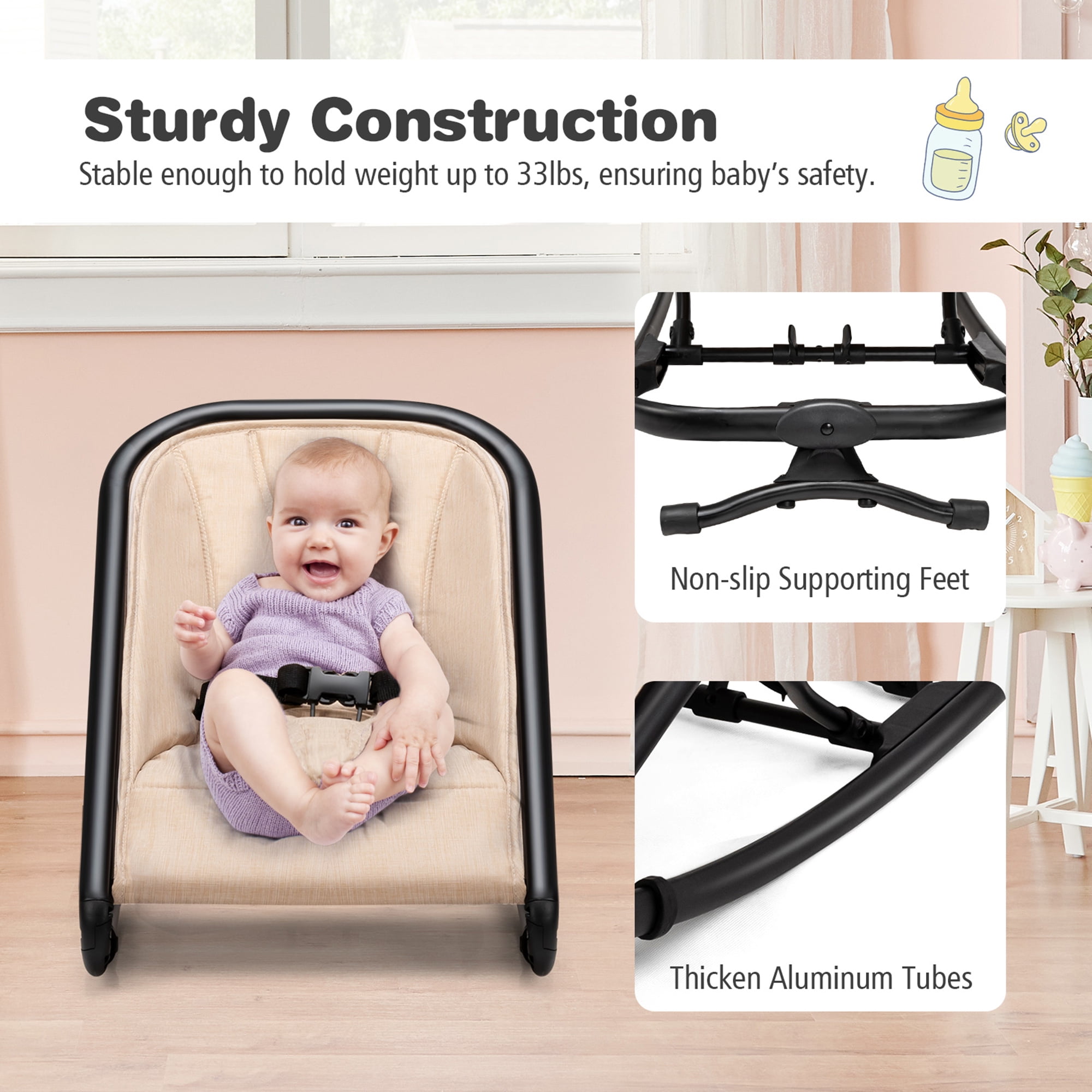 Portable Baby Bouncer Seat w/ 2 Adjustable Recline Positions BABY JOY 2 in 1 Baby Rocker Dark Gray Folding Infant Bouncer Seat w/ 2 Modes of Use for Newborn Babies 33 LBS Weight Capacity 