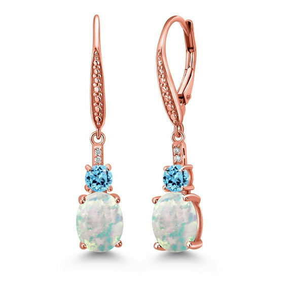 Gem Stone King 18K Rose Gold Plated Silver White Opal and Swiss Blue Topaz Dangle Earrings for Women with Lab Grown Diamond (2.74 Cttw, Oval Cabochon 9X7MM)