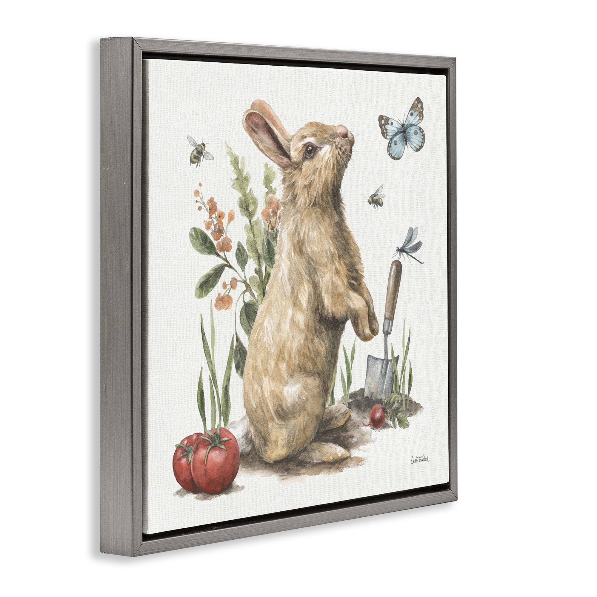 Stupell Industries Garden Patch Rabbit Animals & Insects Painting Gray Floater Framed Canvas Art Print Wall Art, 25 x 25