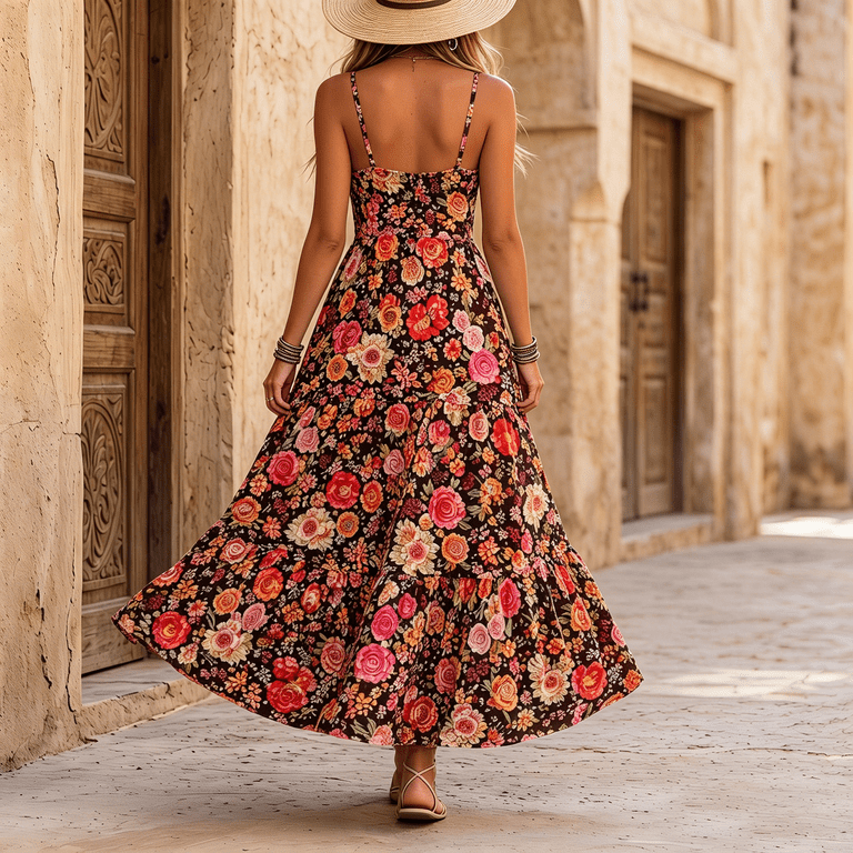 JULMCOMO Dresses for Women Floral Print Deep V Neck Spaghetti Strap Summer Flowy Maxi Dresses Open Back Casual Vacation Sundresses Black L