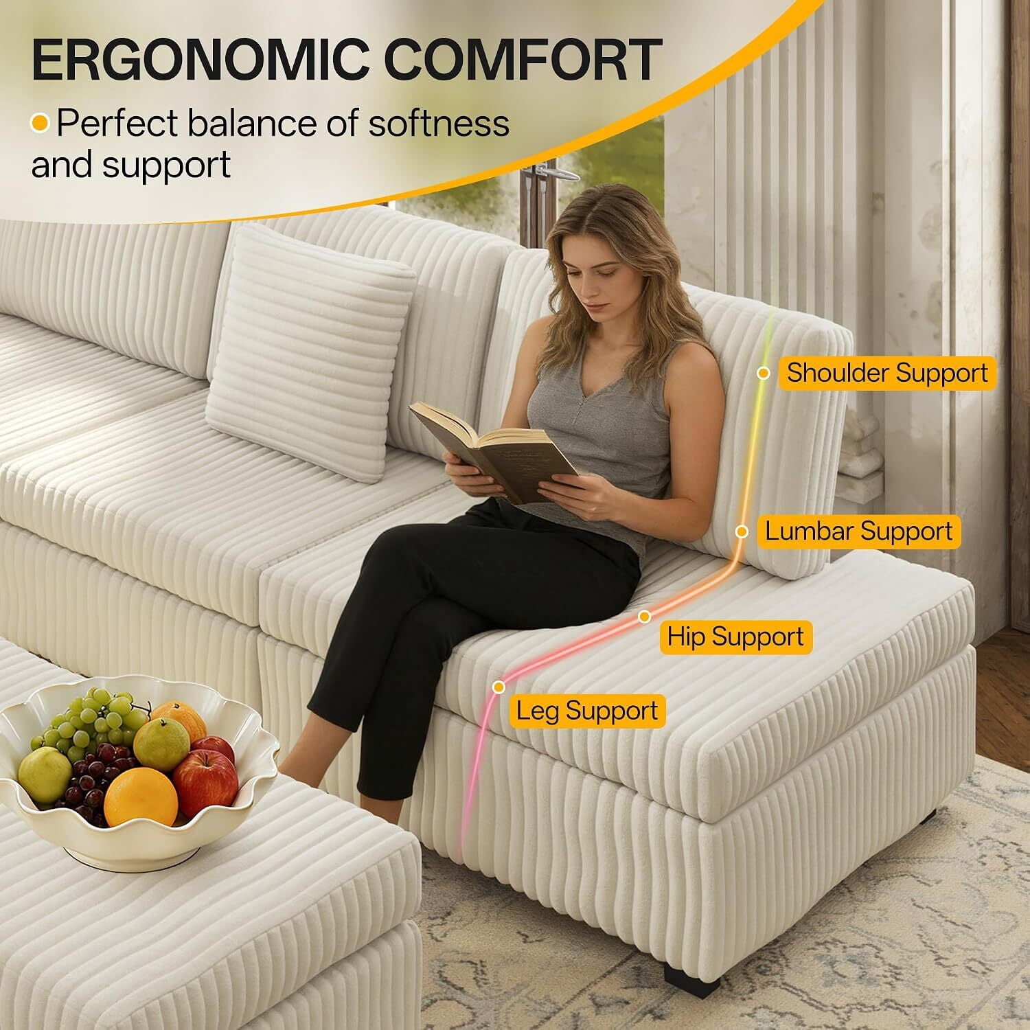 Sectional Sleeper Sofa with Pull Out Bed,110" L-Shaped Modular 6-Seater Cloud Sectional Couch,Convertible Corduroy Sofa for Living Room,Ottoman with USB Charging Ports & Cup Holders,Beige