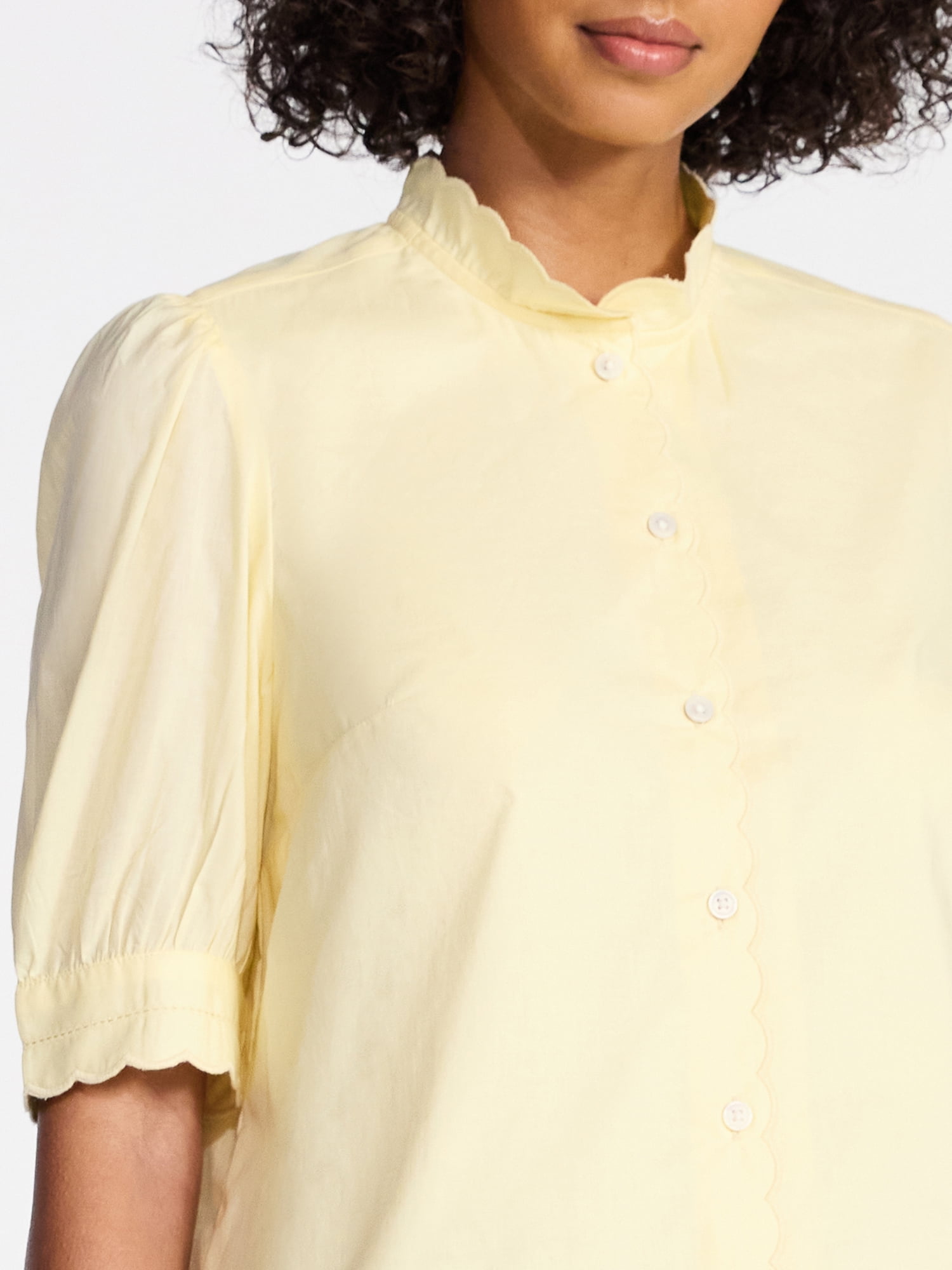 Time and Tru Women's Cotton Scalloped Edge Blouse with Short Sleeves, Sizes XS-XXXL