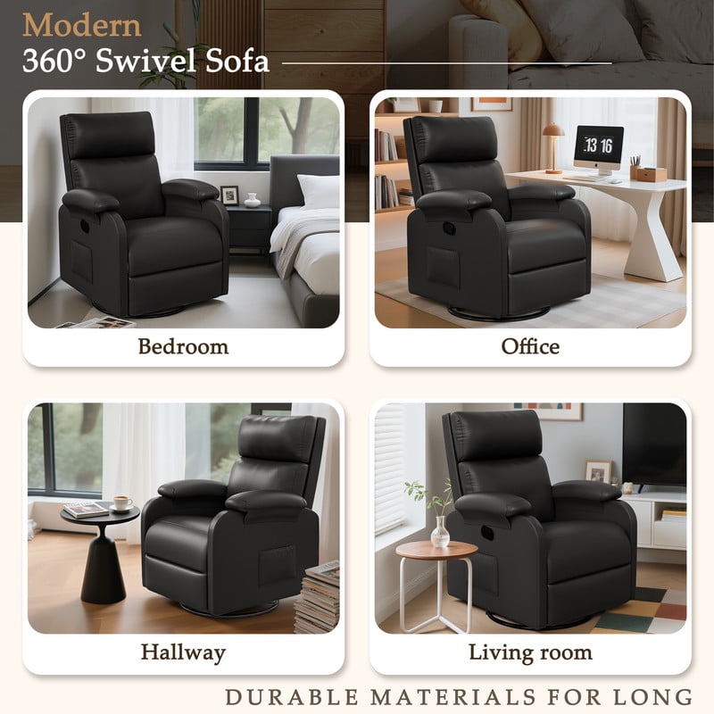 Homall 360° Massage Swivel Rocker Recliner Small Rocking PU Leather Chairs with Side Pockets for Small Spaces,Black
