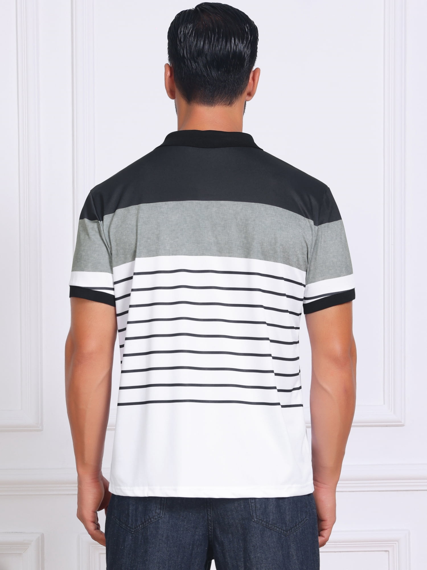 DARING DIVA Men's Colorblock Striped Short Sleeve Three Button Polo Shirts L Black White