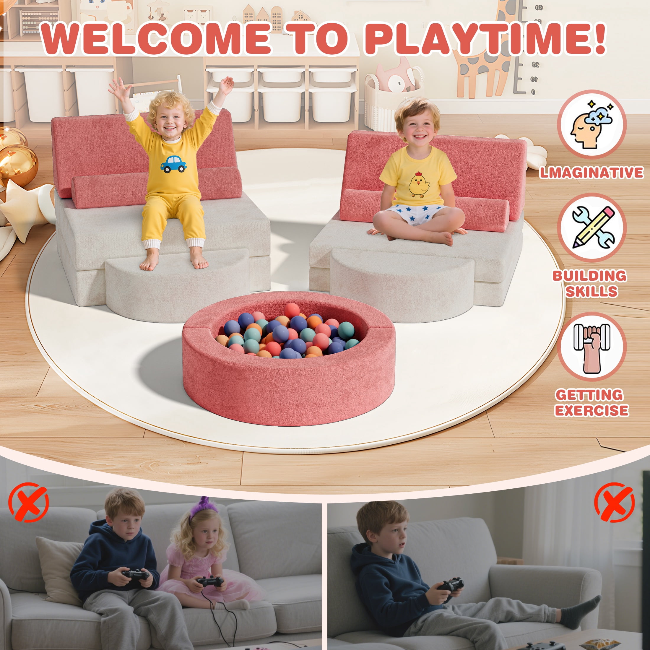 11PCS Modular Kids Play Couch, HSUNNS Fabric Kids' Sofa with Removable Cover, Convenient Storage, Indoor Foam Sofa Living Room Sectional Couch for Boys Girls 3-8, CPC Certification, Pink