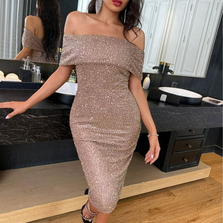 EQWLJWE Women s Sexy One-shoulder Tight Bag Hip Sequin Dress Holiday Clearance