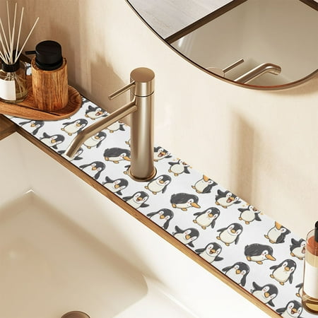 

2 Pack Cartoon Happy Penguins Faucet Mat for Kitchen Sink 30 Sink Splash Guard Mat Super Absorbent Fast Drying Drain Pad