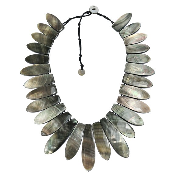 Mystical Black Lip Shell Tassel Graduated Neckline Statement Necklace
