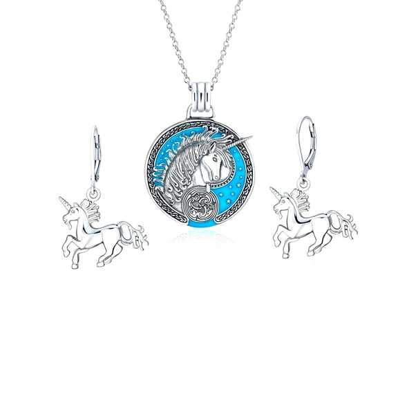 Bling Jewelry Womens Pegasus Unicorn Medallion Necklace & Dangle Earring Set Oxidized Sterling Silver