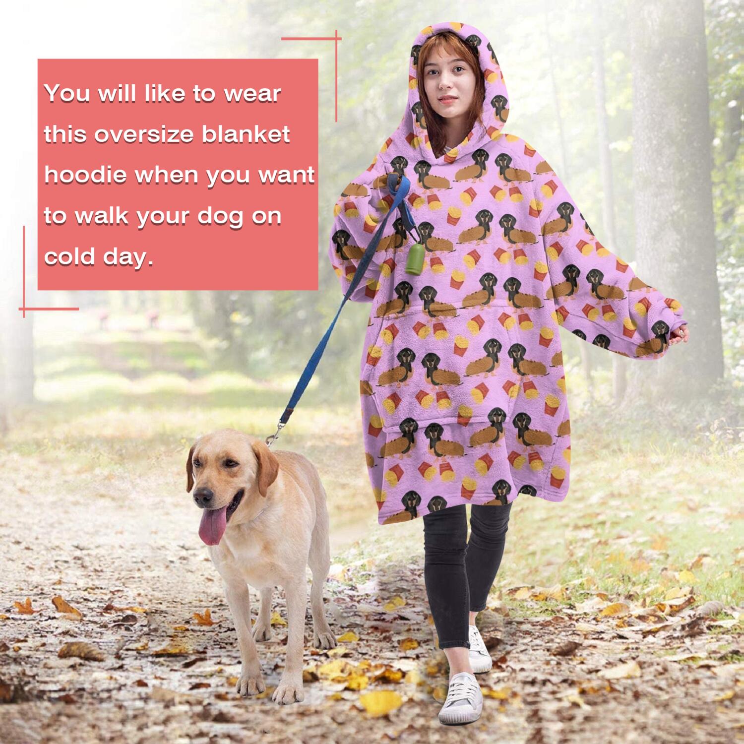 Pink Dachshund Chips Wearable Oversized Blanket,Wearable Blanket Hoodie for Adults,Cozy Hooded Blankets with Super Pockets,Super Warm Fuzzy Pullover for Women & Men