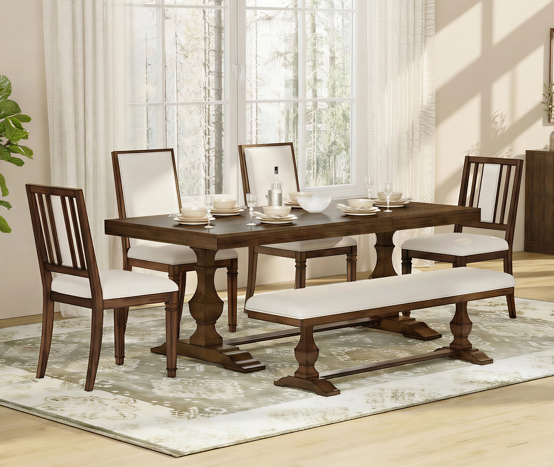 WAMPAT 6-pieces Farmhouse Dinning Table,74.8" Kitchen Table Set with 4 Chairs and Bench for 6-8, Solid Wood Legs and Cushion Seat for Kitchen & Living Room,Espresso Oak